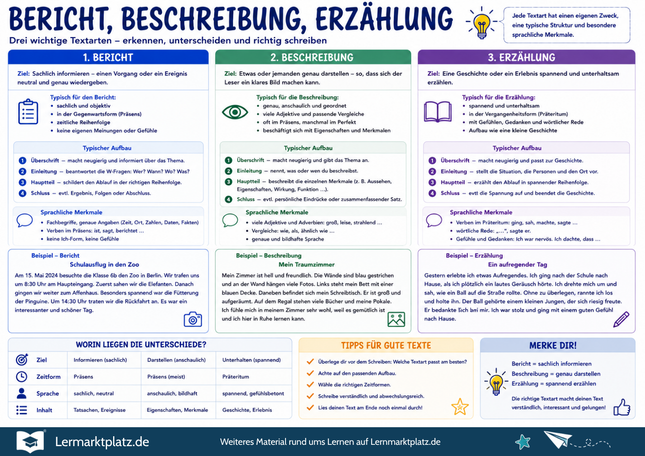 Bericht, Beschreibung & Erzählung – Textarten erkennen, unterscheiden & schreiben – Lernposter / Lernplakat als PDF