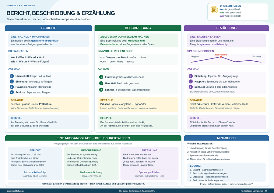 Bericht, Beschreibung & Erzählung – Textarten erkennen, unterscheiden & schreiben – Lernposter / Lernplakat als PDF