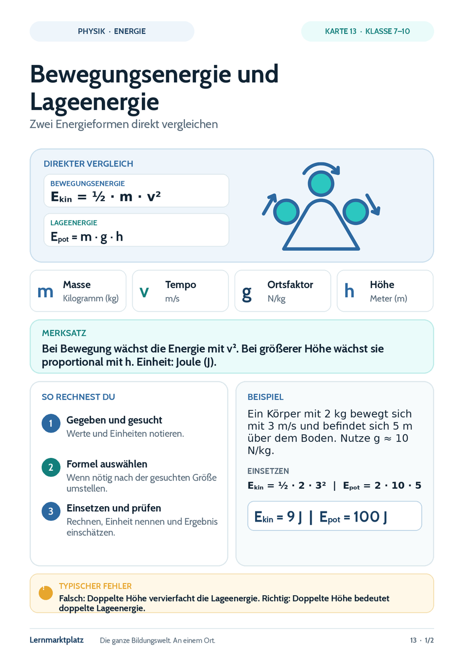 Bewegungsenergie und Lageenergie – Physik-Lernkarte (kostenloses PDF)