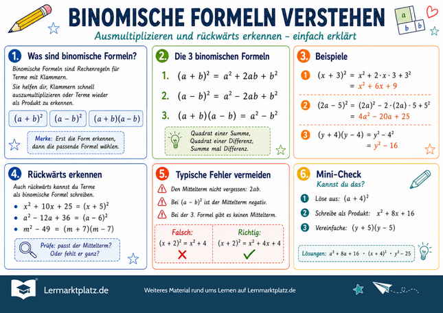 Binomische Formeln verstehen – Lernposter / Lernplakat als PDF zum Ausdrucken