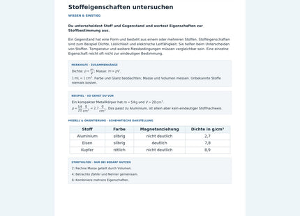 Stoffeigenschaften untersuchen – Vorschau des Chemie-Arbeitsblatts mit Lösungen