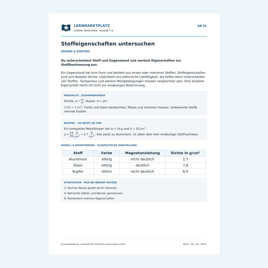 Stoffeigenschaften untersuchen – Vorschau des Chemie-Arbeitsblatts mit Lösungen
