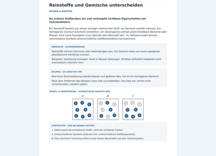 Reinstoffe und Gemische unterscheiden – Vorschau des Chemie-Arbeitsblatts mit Lösungen