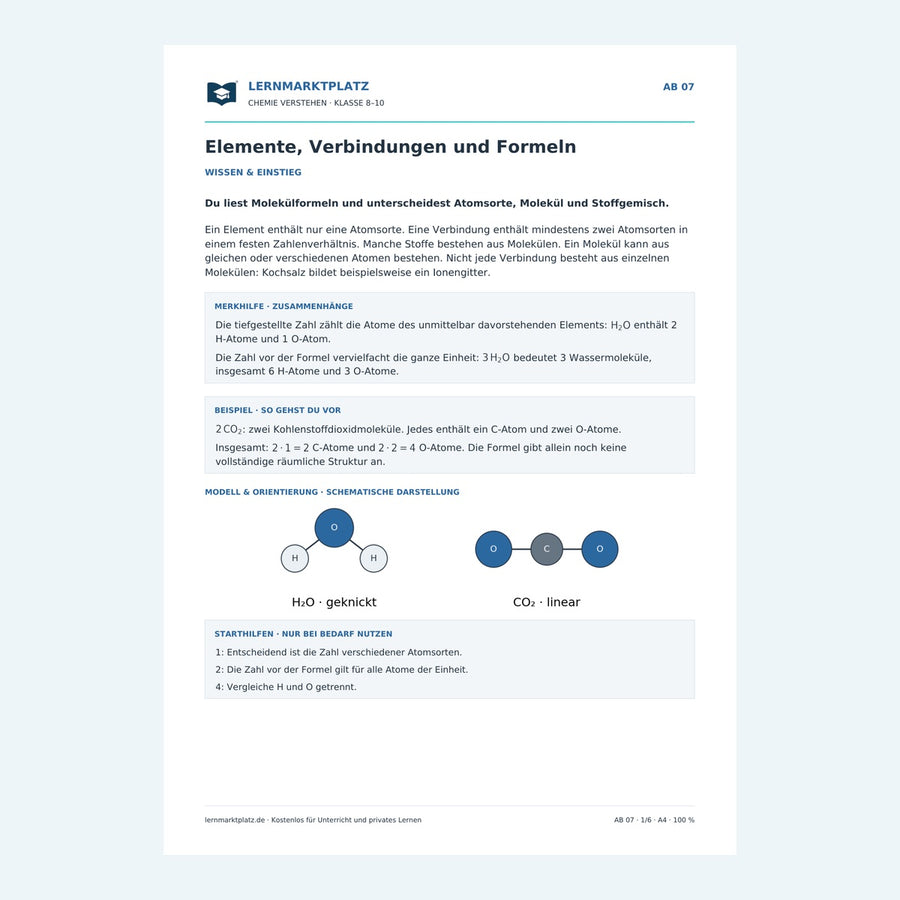 Elemente, Verbindungen und Formeln – Vorschau des Chemie-Arbeitsblatts mit Lösungen