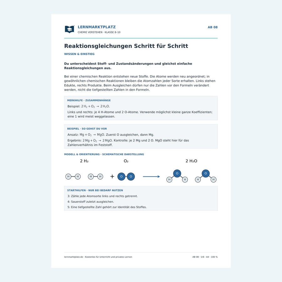 Reaktionsgleichungen Schritt für Schritt – Vorschau des Chemie-Arbeitsblatts mit Lösungen