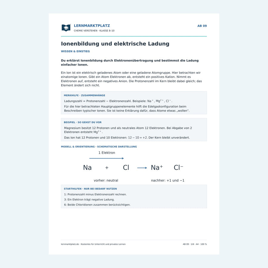 Ionenbildung und elektrische Ladung – Vorschau des Chemie-Arbeitsblatts mit Lösungen