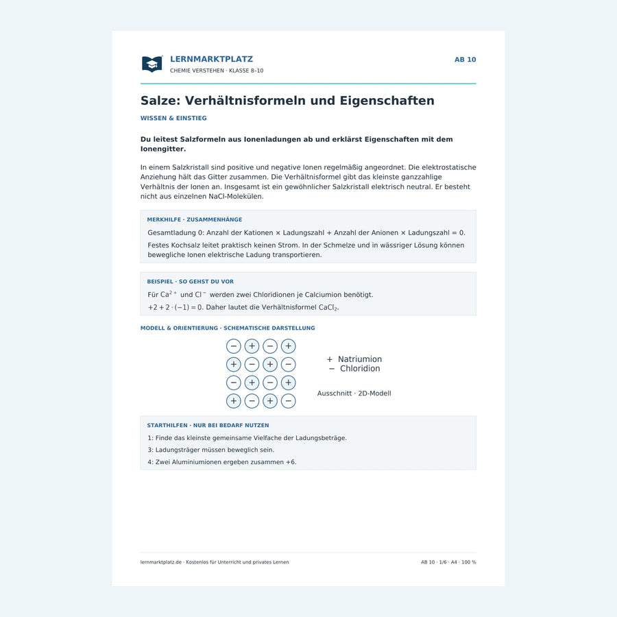 Salze: Verhältnisformeln und Eigenschaften – Vorschau des Chemie-Arbeitsblatts mit Lösungen