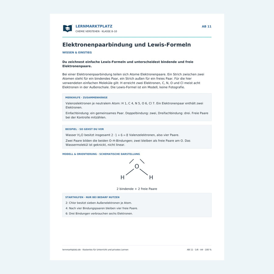 Elektronenpaarbindung und Lewis-Formeln – Vorschau des Chemie-Arbeitsblatts mit Lösungen