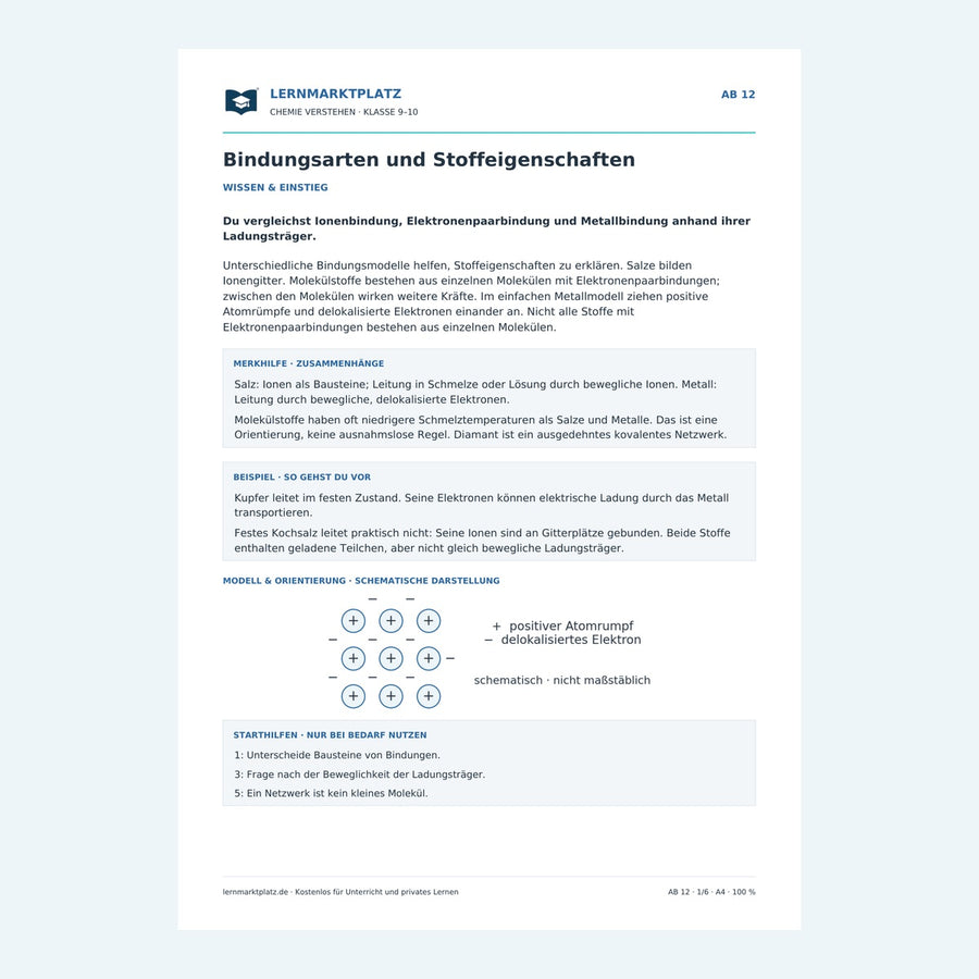 Bindungsarten und Stoffeigenschaften – Vorschau des Chemie-Arbeitsblatts mit Lösungen