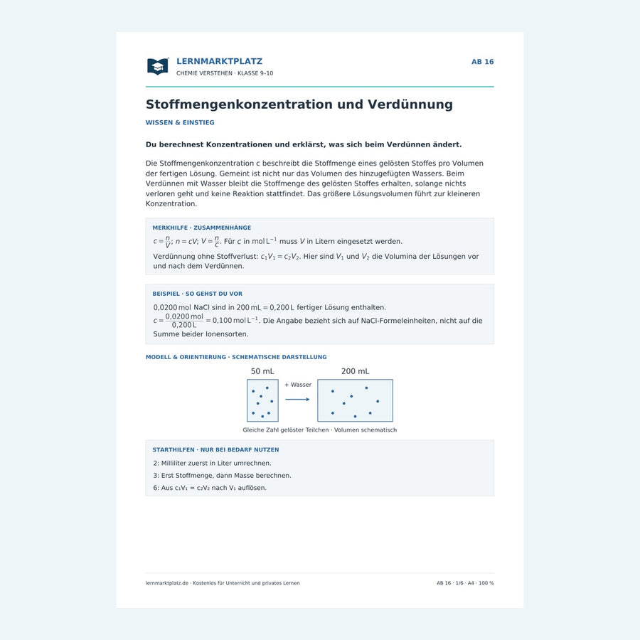 Stoffmengenkonzentration und Verdünnung – Vorschau des Chemie-Arbeitsblatts mit Lösungen