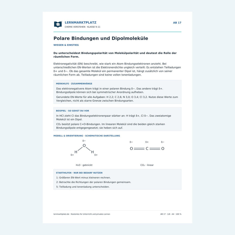 Polare Bindungen und Dipolmoleküle – Chemie-Arbeitsblatt mit Lösungen