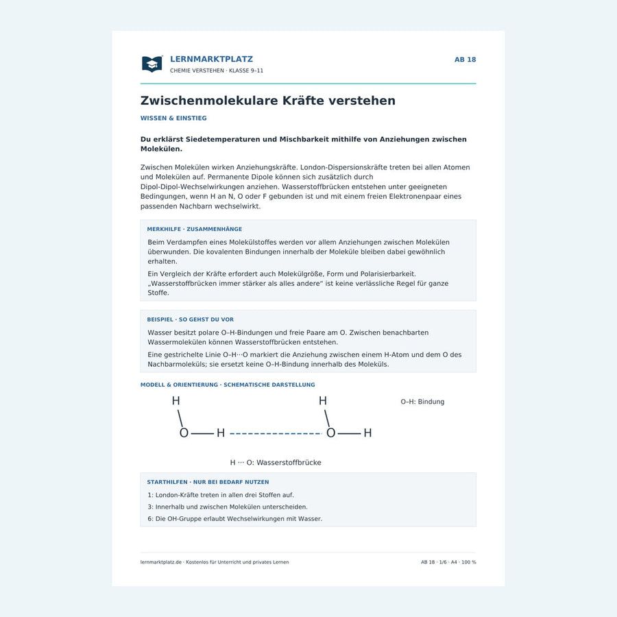 Zwischenmolekulare Kräfte verstehen – Chemie-Arbeitsblatt mit Lösungen