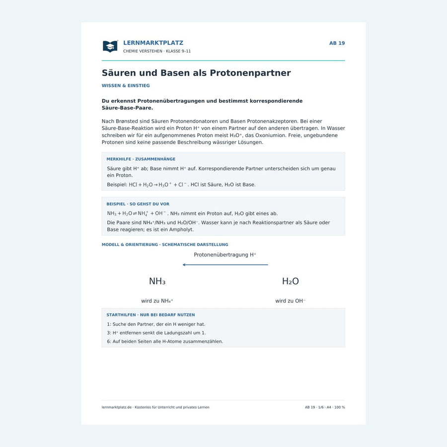 Säuren und Basen als Protonenpartner – Chemie-Arbeitsblatt mit Lösungen