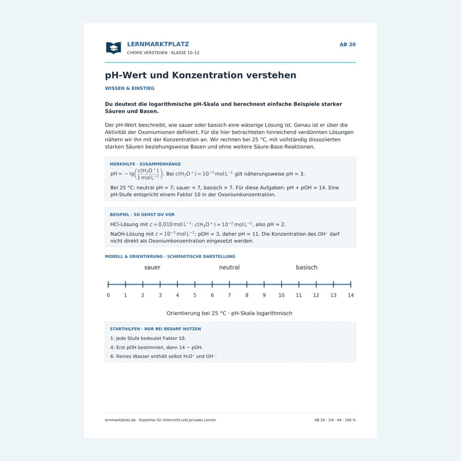 pH-Wert und Konzentration verstehen – Chemie-Arbeitsblatt mit Lösungen