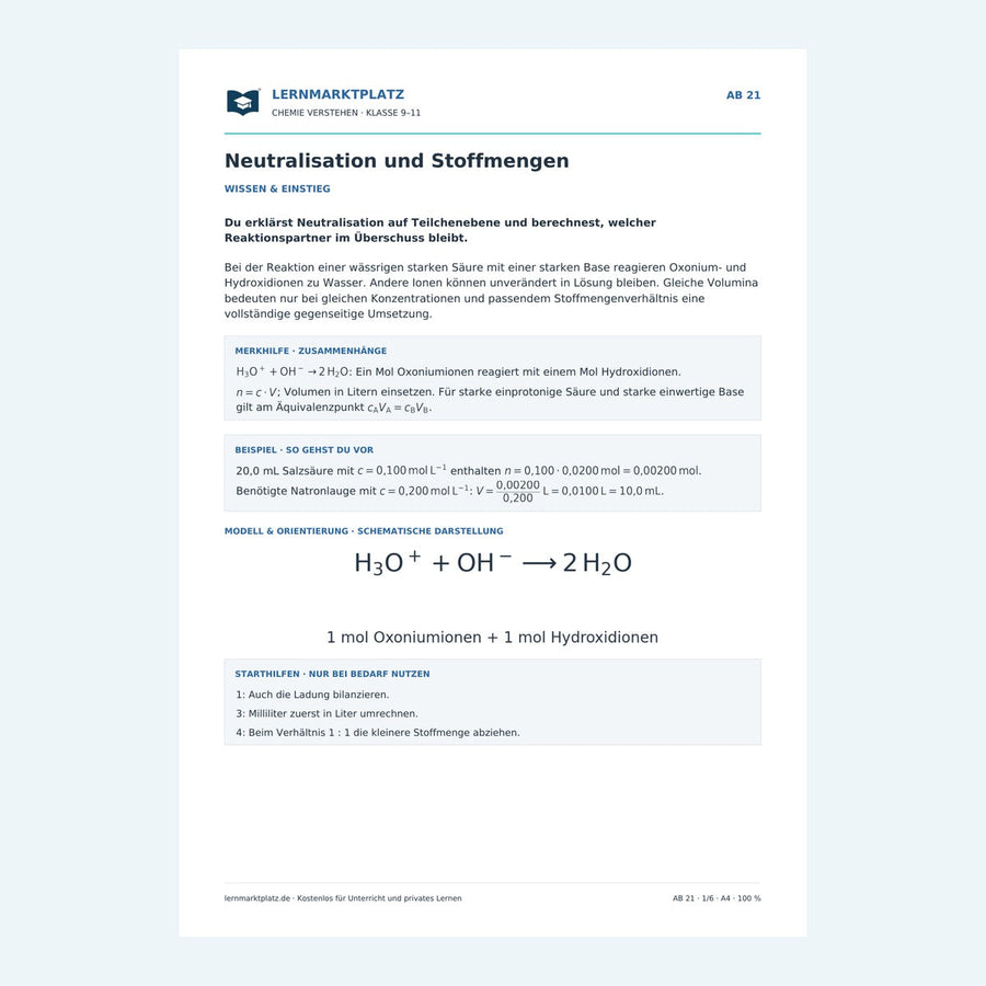 Neutralisation und Stoffmengen – Chemie-Arbeitsblatt mit Lösungen