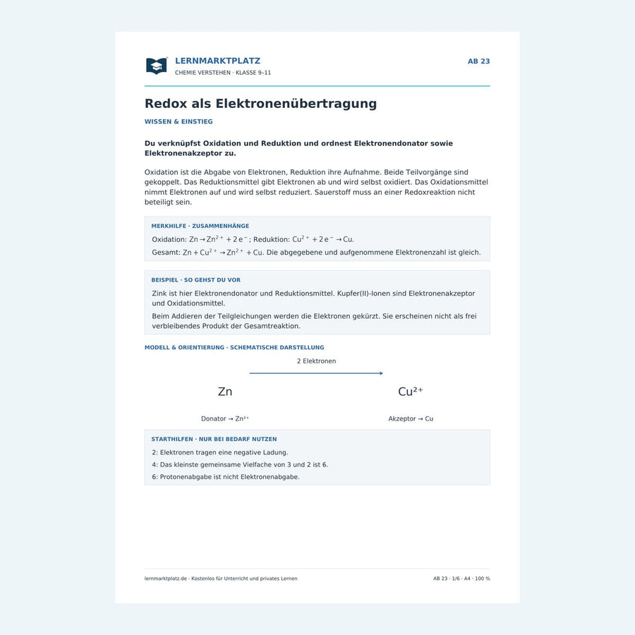 Redox als Elektronenübertragung – Chemie-Arbeitsblatt mit Lösungen