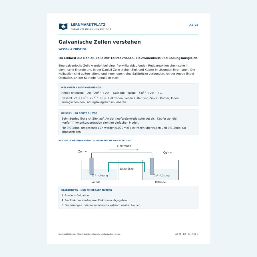 Galvanische Zellen verstehen – Chemie-Arbeitsblatt mit Lösungen