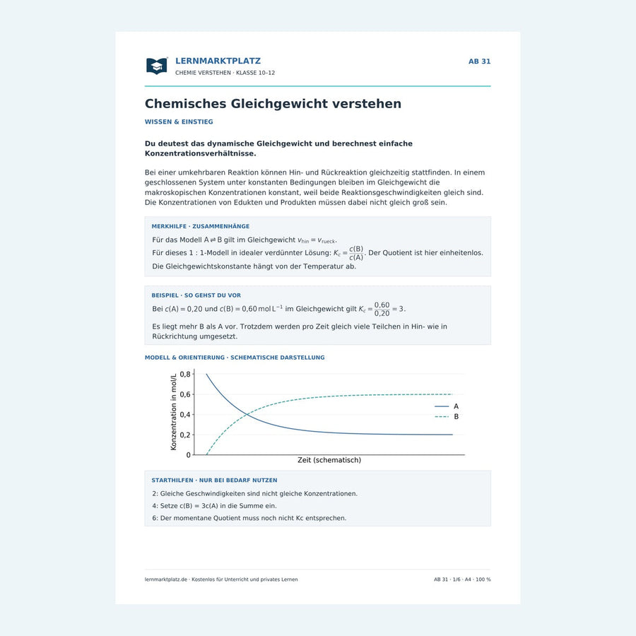 Chemisches Gleichgewicht verstehen – Chemie-Arbeitsblatt mit Lösungen