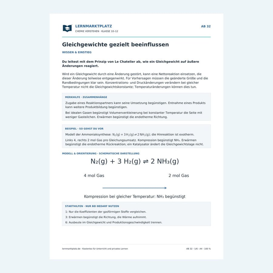 Gleichgewichte gezielt beeinflussen – Chemie-Arbeitsblatt mit Lösungen