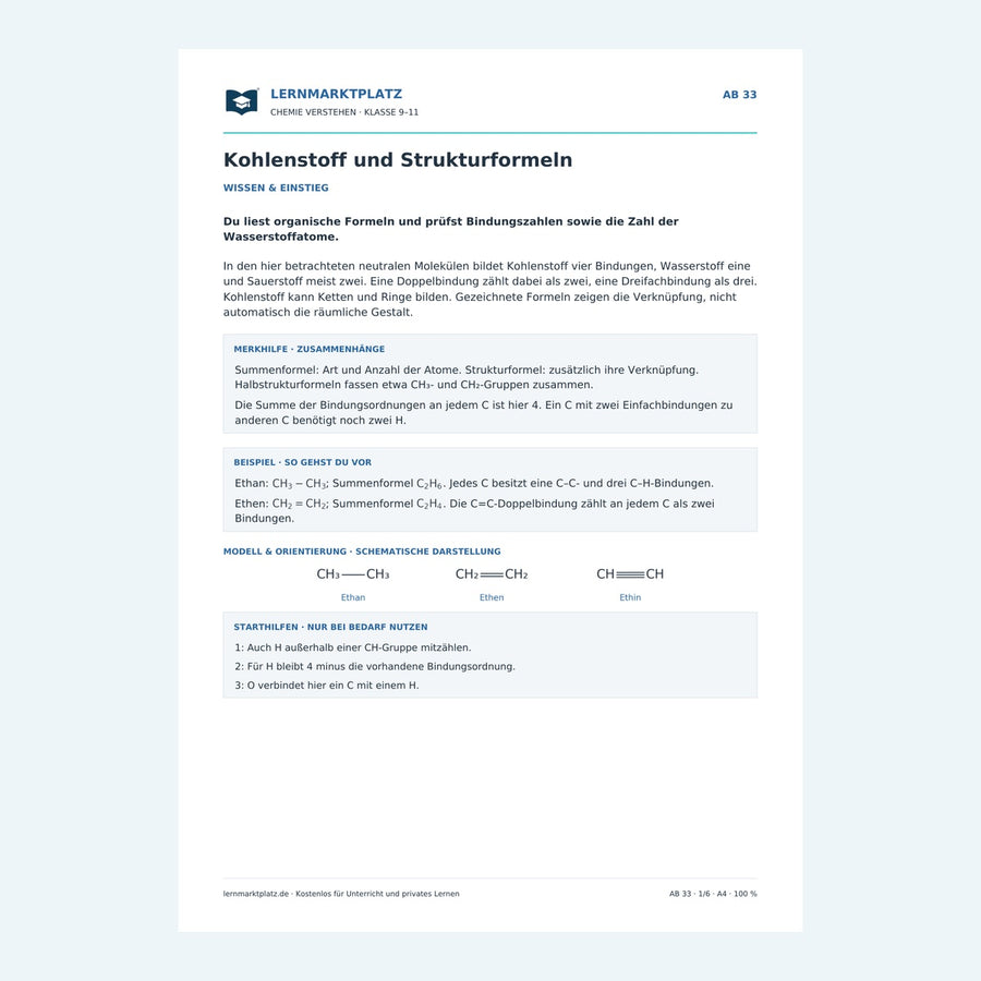 Kohlenstoff und Strukturformeln – Chemie-Arbeitsblatt mit Lösungen