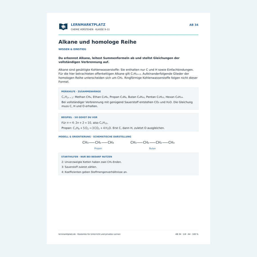 Alkane und homologe Reihe – Chemie-Arbeitsblatt mit Lösungen