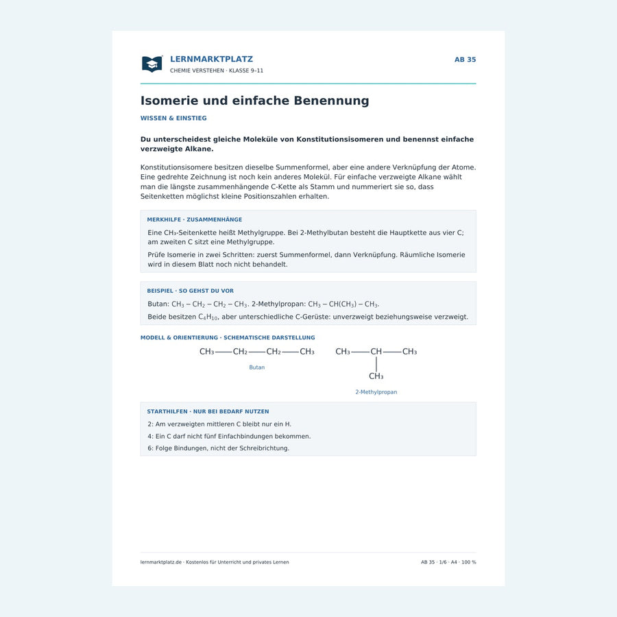 Isomerie und einfache Benennung – Chemie-Arbeitsblatt mit Lösungen