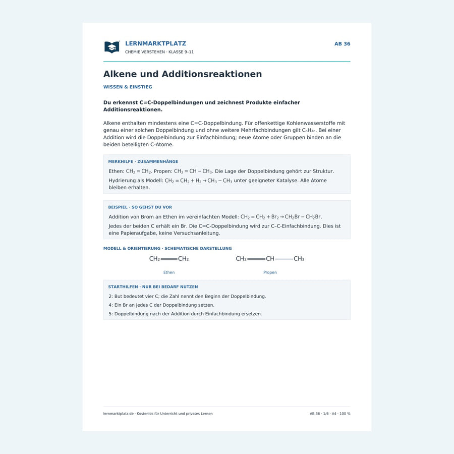 Alkene und Additionsreaktionen – Chemie-Arbeitsblatt mit Lösungen