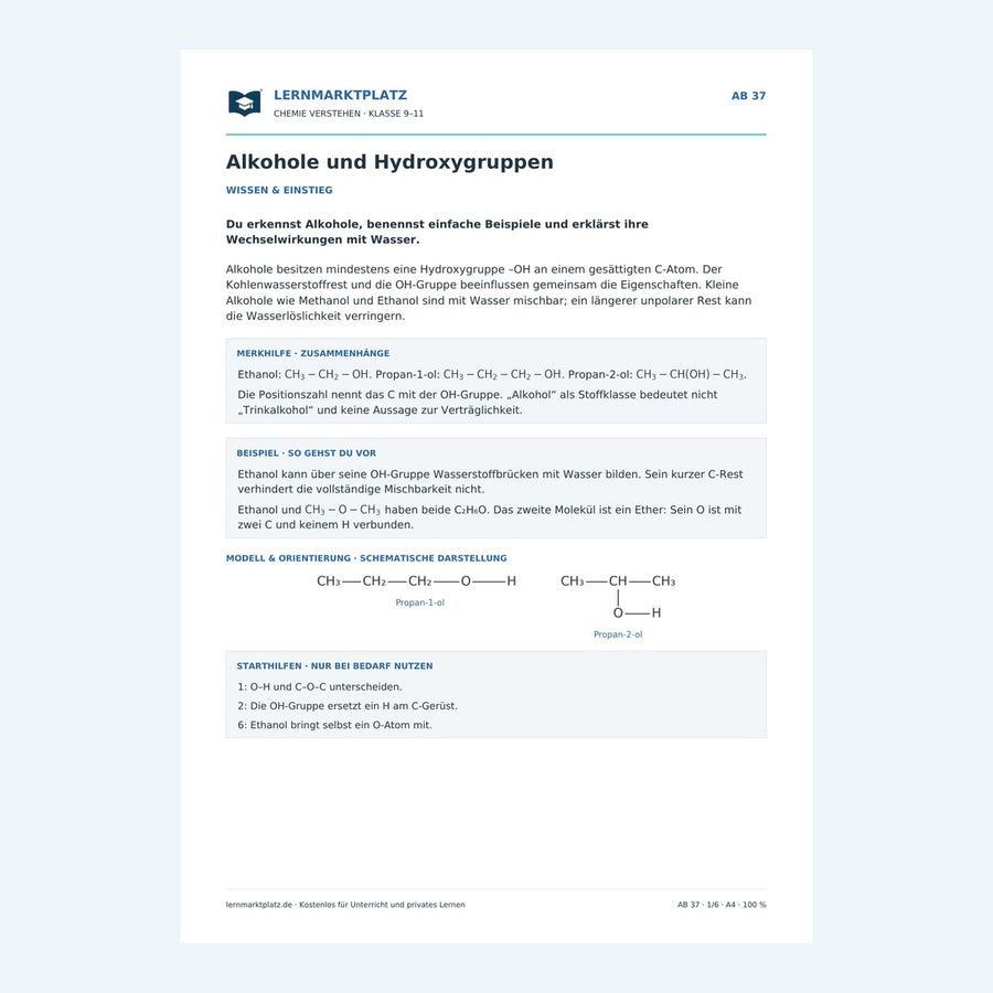 Alkohole und Hydroxygruppen – Chemie-Arbeitsblatt mit Lösungen
