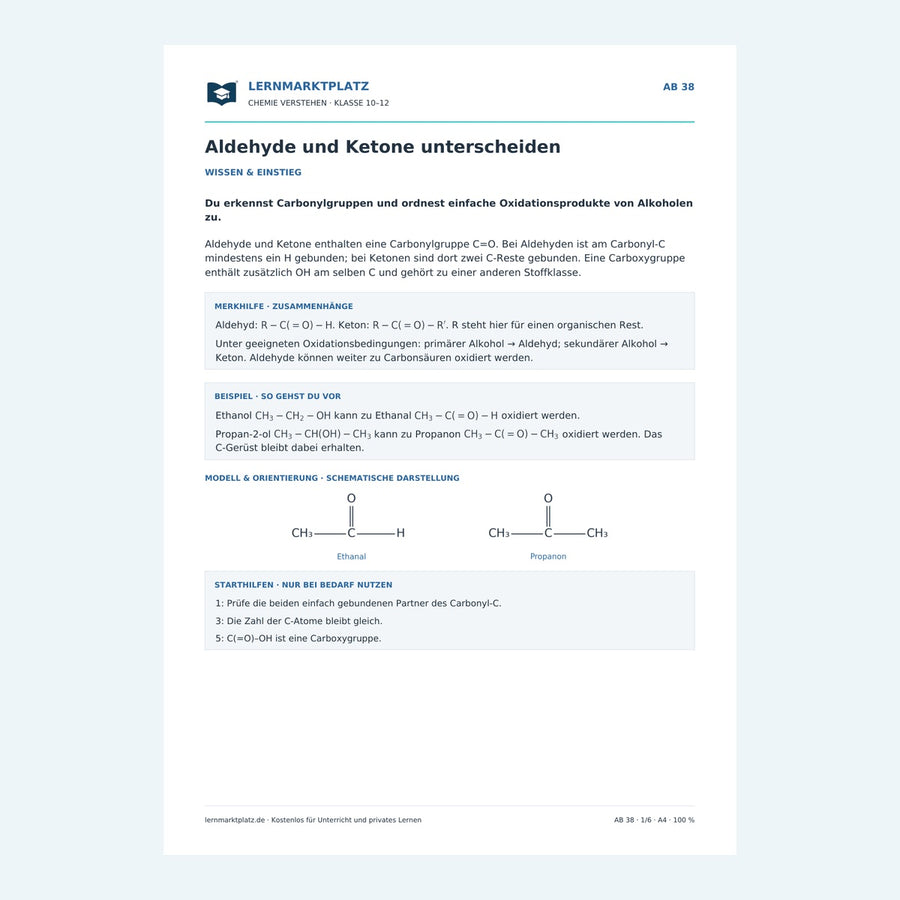 Aldehyde und Ketone unterscheiden – Chemie-Arbeitsblatt mit Lösungen