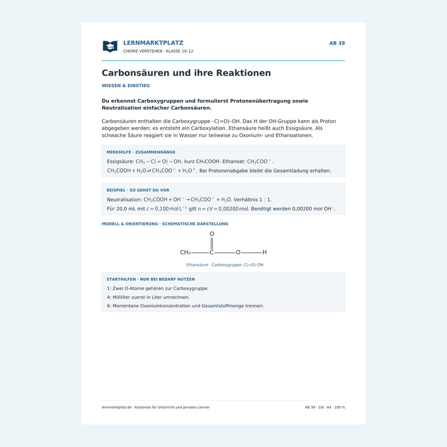 Carbonsäuren und ihre Reaktionen – Chemie-Arbeitsblatt mit Lösungen