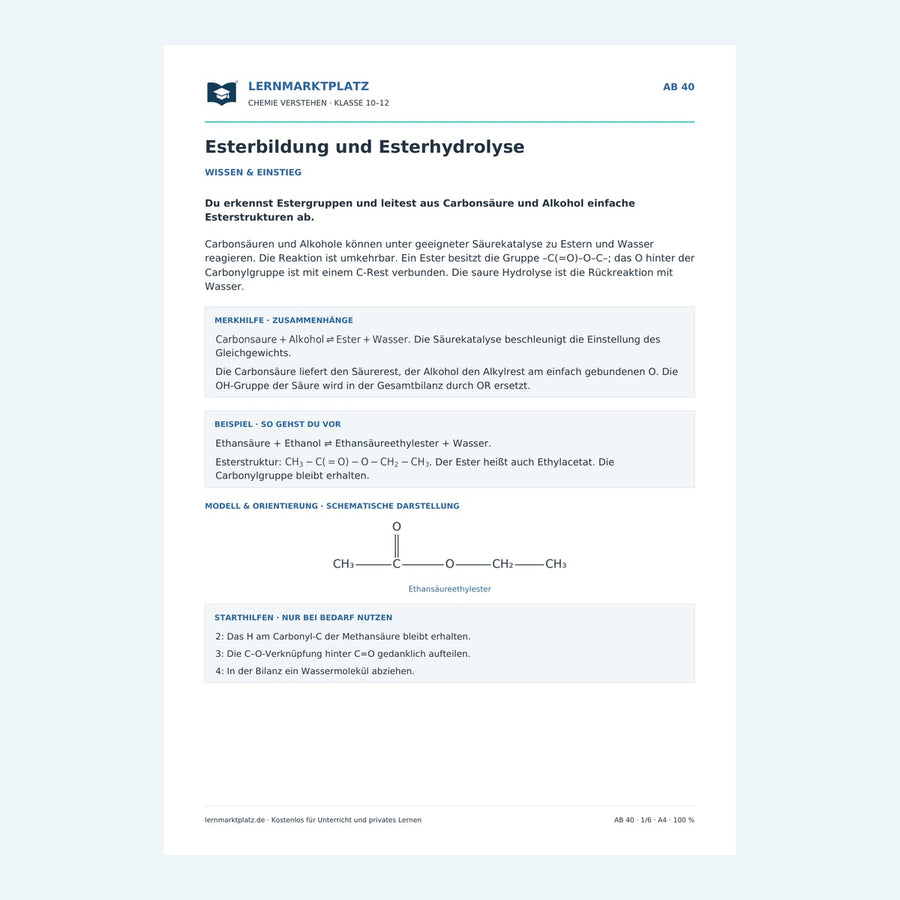 Esterbildung und Esterhydrolyse – Chemie-Arbeitsblatt mit Lösungen
