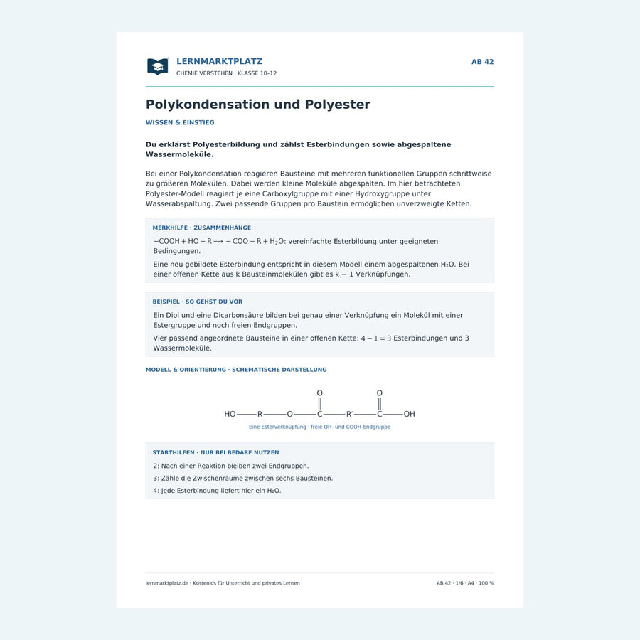 Polykondensation und Polyester – Chemie-Arbeitsblatt mit Lösungen