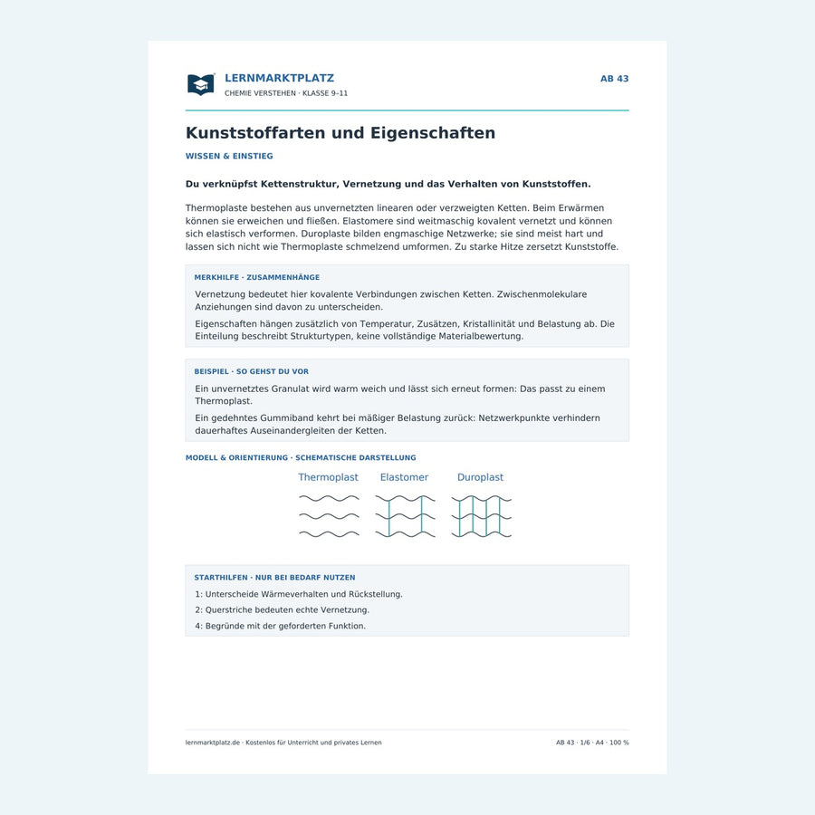 Kunststoffarten und Eigenschaften – Chemie-Arbeitsblatt mit Lösungen