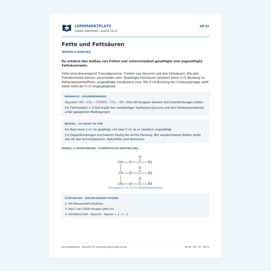 Fette und Fettsäuren – Chemie-Arbeitsblatt mit Lösungen