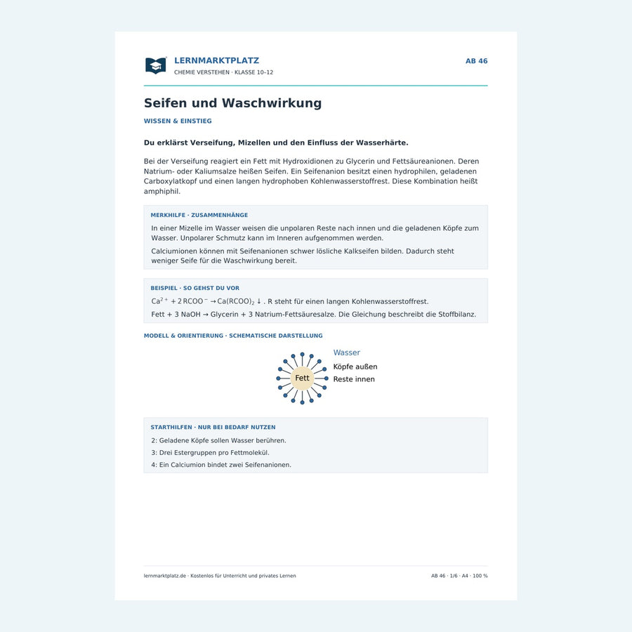 Seifen und Waschwirkung – Chemie-Arbeitsblatt mit Lösungen