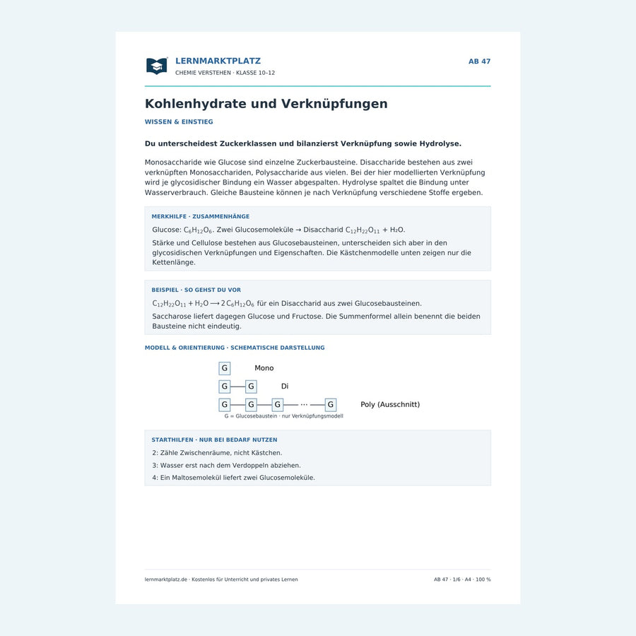 Kohlenhydrate und Verknüpfungen – Chemie-Arbeitsblatt mit Lösungen
