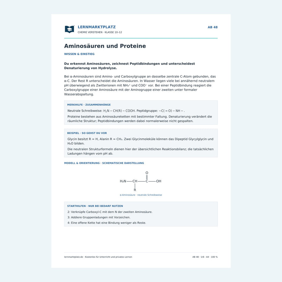 Aminosäuren und Proteine – Chemie-Arbeitsblatt mit Lösungen