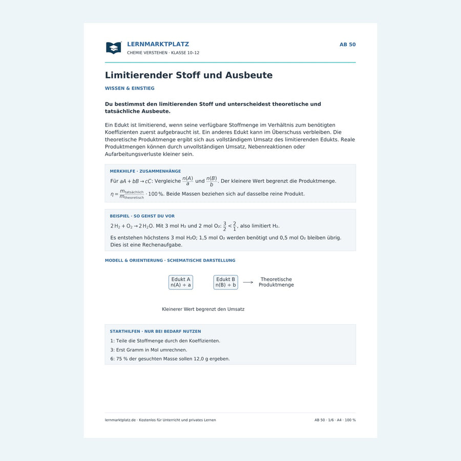 Limitierender Stoff und Ausbeute – Chemie-Arbeitsblatt mit Lösungen