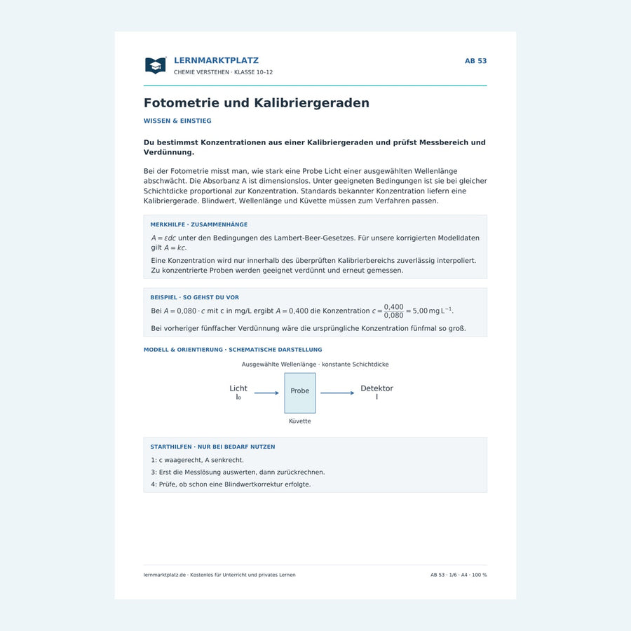 Fotometrie und Kalibriergeraden – Chemie-Arbeitsblatt mit Lösungen