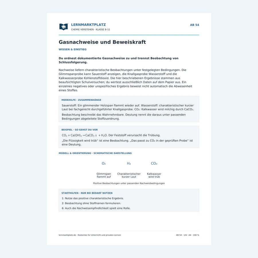 Gasnachweise und Beweiskraft – Chemie-Arbeitsblatt mit Lösungen