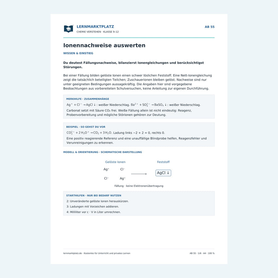 Ionennachweise auswerten – Chemie-Arbeitsblatt mit Lösungen