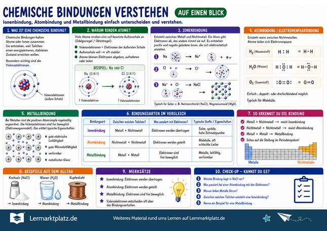 Chemische Bindungen verstehen – Ionenbindung, Atombindung & Metallbindung einfach erklärt – Lernposter / Lernplakat als PDF