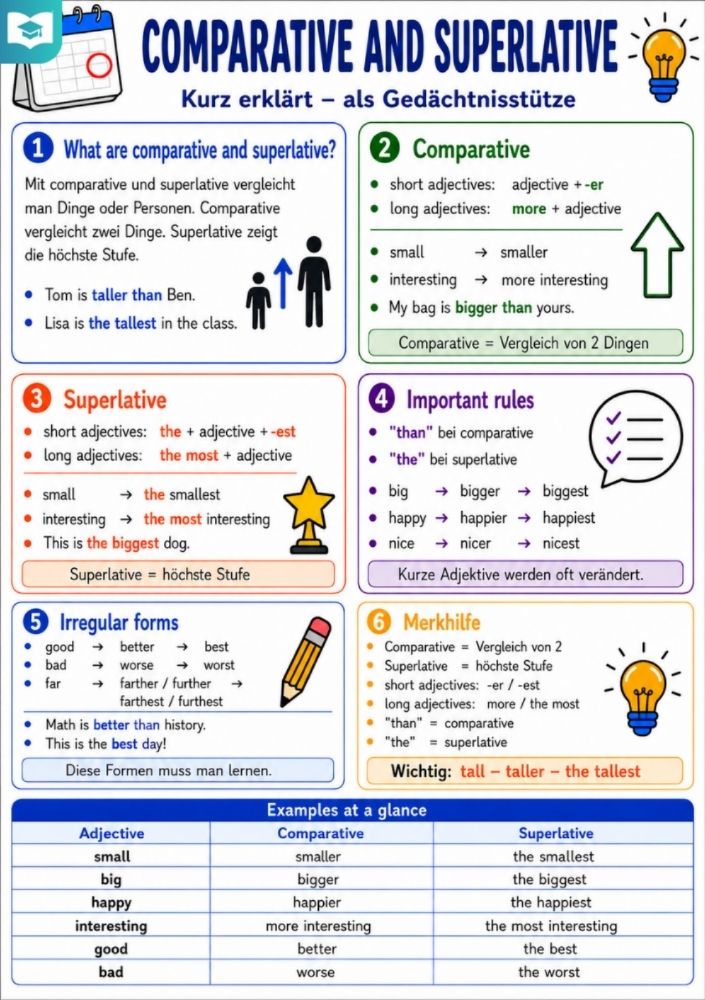 Comparative and Superlative – Englisch-Lernkarte (kostenloses PDF)