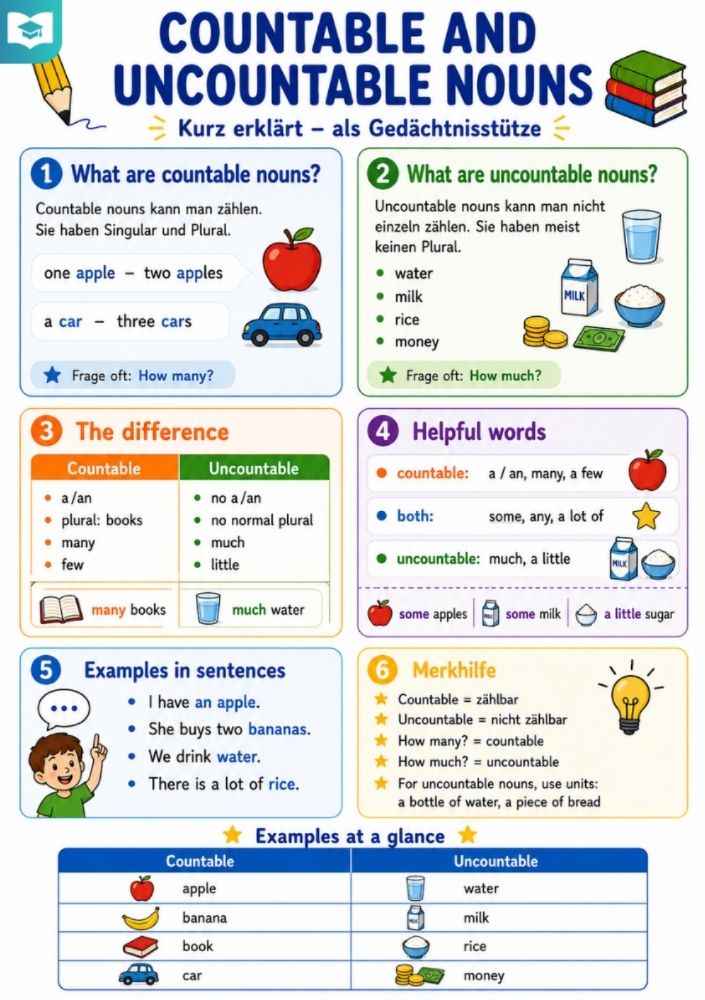 Countable and Uncountable Nouns – Englisch-Lernkarte (kostenloses PDF)