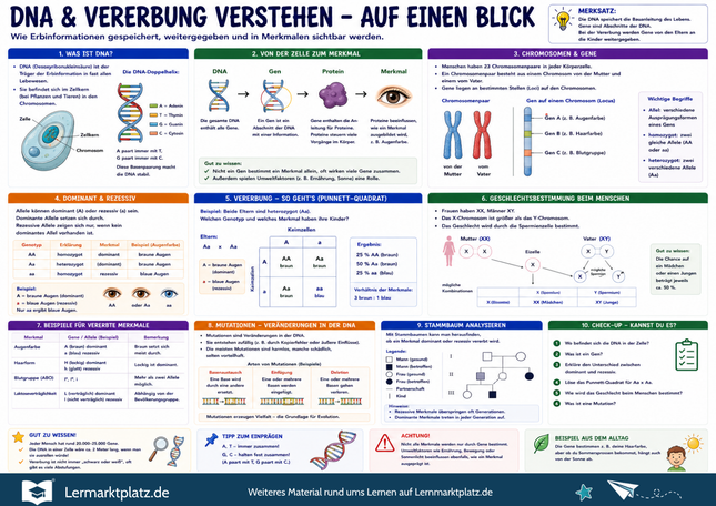 DNA & Vererbung verstehen – Gene, Chromosomen & Erbinformation einfach erklärt – Lernposter / Lernplakat als PDF