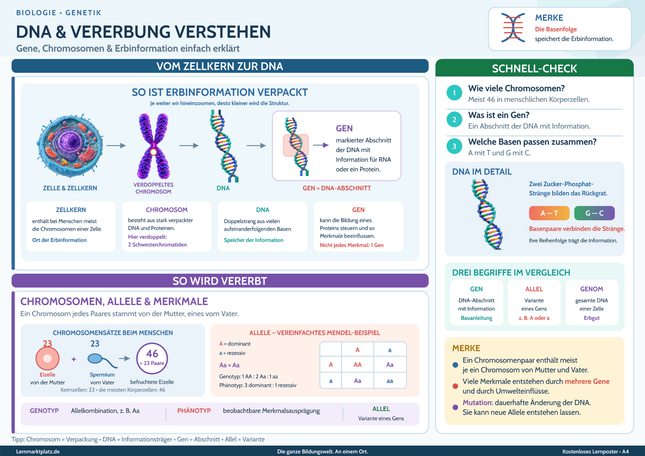 DNA & Vererbung verstehen – Gene, Chromosomen & Erbinformation einfach erklärt – Lernposter / Lernplakat als PDF