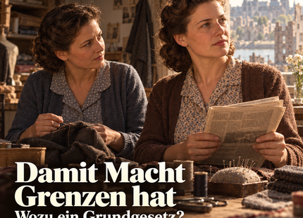 KI-Illustration: Anna und eine Begleiterin am Nähtisch in Bonn 1949; Damit Macht Grenzen hat – Wozu ein Grundgesetz? Geschichtspodcast, 9:04 Minuten.