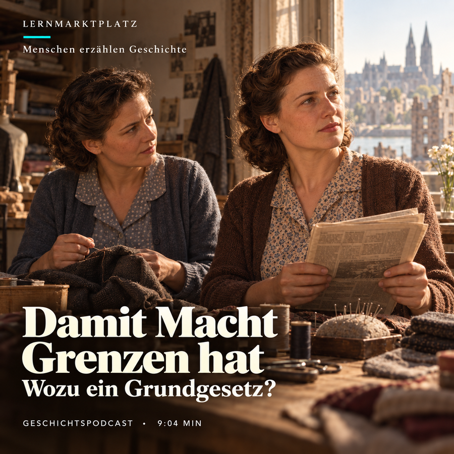 KI-Illustration: Anna und eine Begleiterin am Nähtisch in Bonn 1949; Damit Macht Grenzen hat – Wozu ein Grundgesetz? Geschichtspodcast, 9:04 Minuten.