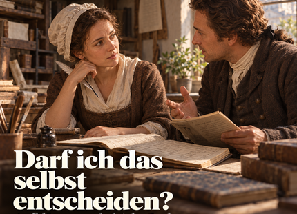 KI-Illustration: die erfundene Clara im Gespräch in Berlin 1785; Darf ich das selbst entscheiden? – Aufklärung und gleiche Rechte. Geschichtspodcast, 9:53 Minuten.