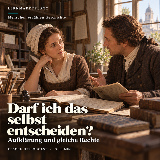 KI-Illustration: die erfundene Clara im Gespräch in Berlin 1785; Darf ich das selbst entscheiden? – Aufklärung und gleiche Rechte. Geschichtspodcast, 9:53 Minuten.